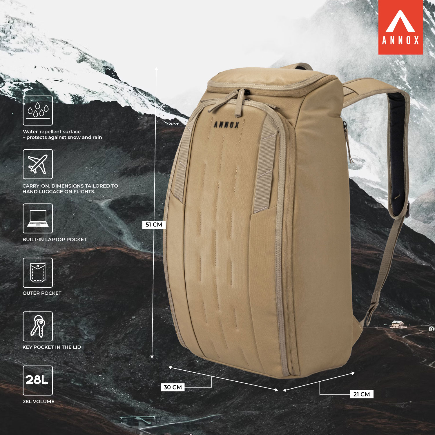 Annox Vault 28L - Waterafstotende Rugzak voor Skiën, Sport en Reizen